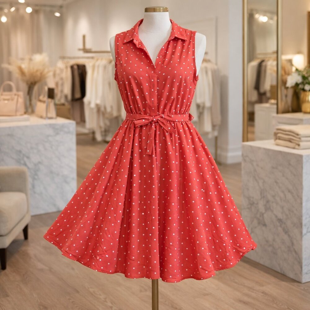 ❤️ 2 fo $30 | Larry Levine Polka Dot Dress | Red Fit & Flare | Belted Waist